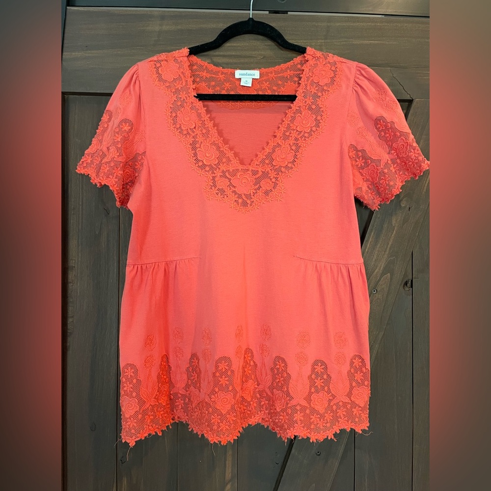 SUNDANCE Coral Lace Trimmed Top, Size Medium